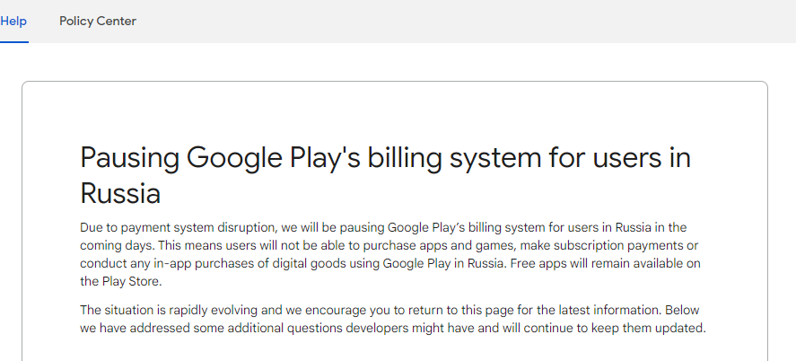全军覆没！Google Play将暂停俄罗斯用户付费，游戏APP无法充值